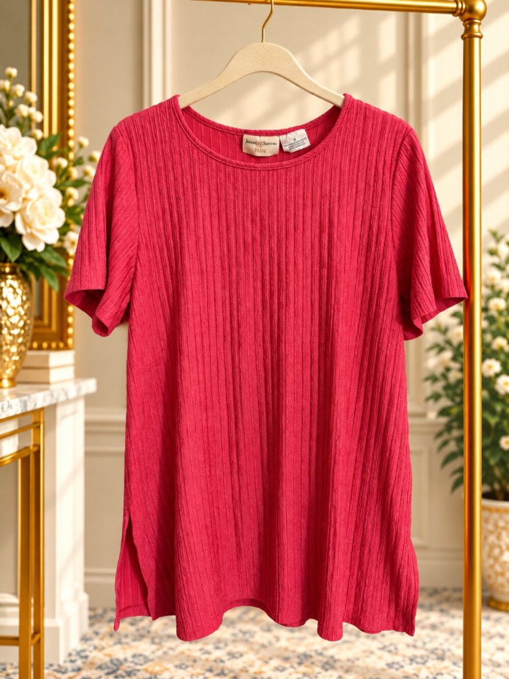 Jaclyn Smith Plus Coral Pink Textured Short Sleeve Tunic Top Size 1X